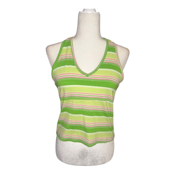Y2K Green & Pink Striped Halter Top Tank Medium - Picture 1 of 4